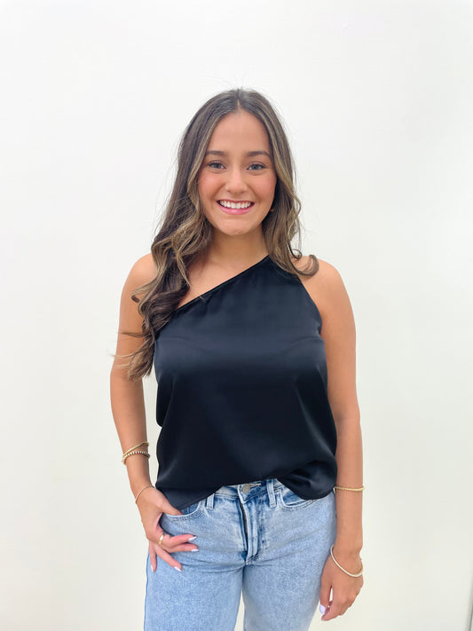 Black Satin One Shoulder Top